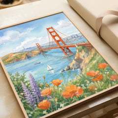 San Francisco Golden Gate Bridge and poppies watercolour art print in a natural wood frame, gift close-up