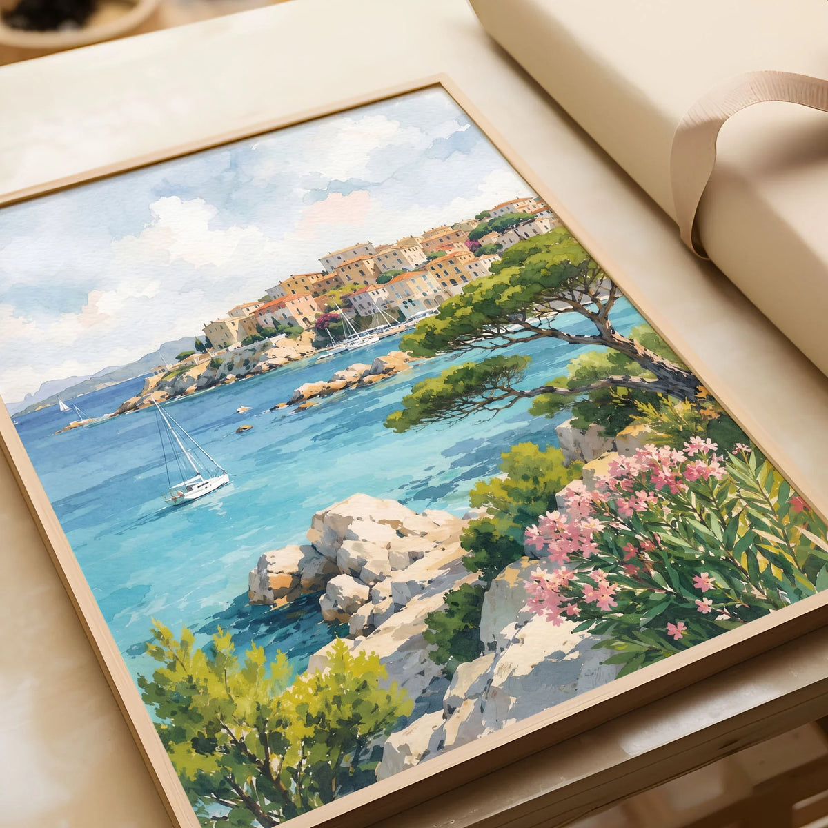 Sardinia turquoise coves and harbour town watercolour art print in a natural wood frame, gift close-up