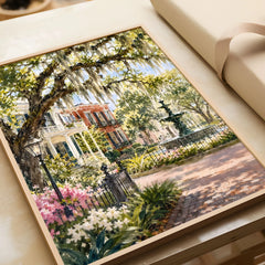 Savannah Spanish moss oaks and park fountain watercolour art print in a natural wood frame, gift close-up