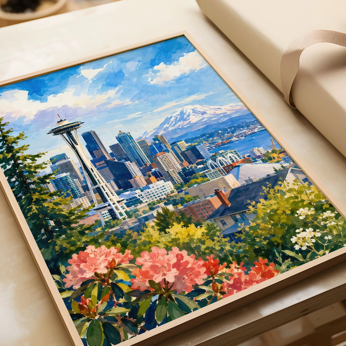 Seattle Space Needle and Mount Rainier watercolour art print in a natural wood frame, gift close-up