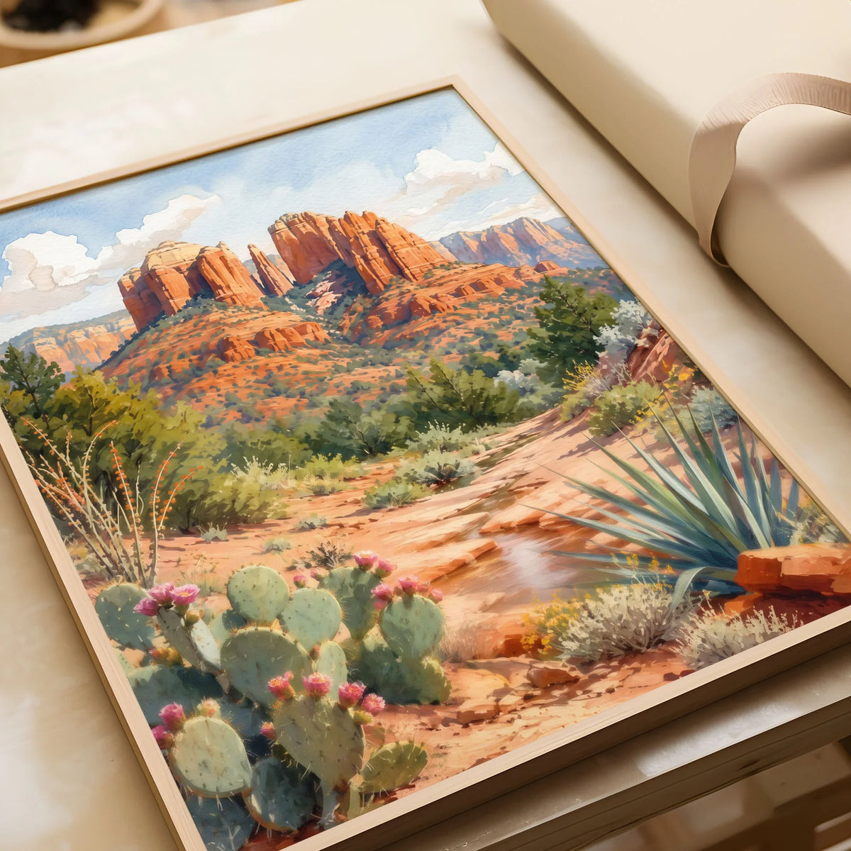 Sedona Cathedral Rock watercolour art print in a natural wood frame, gift close-up