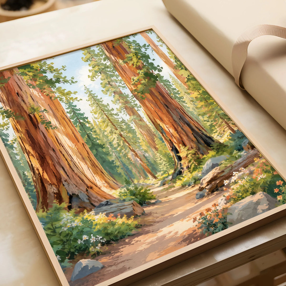 Sequoia National Park giant sequoias and forest trail watercolour art print in a natural wood frame, gift close-up