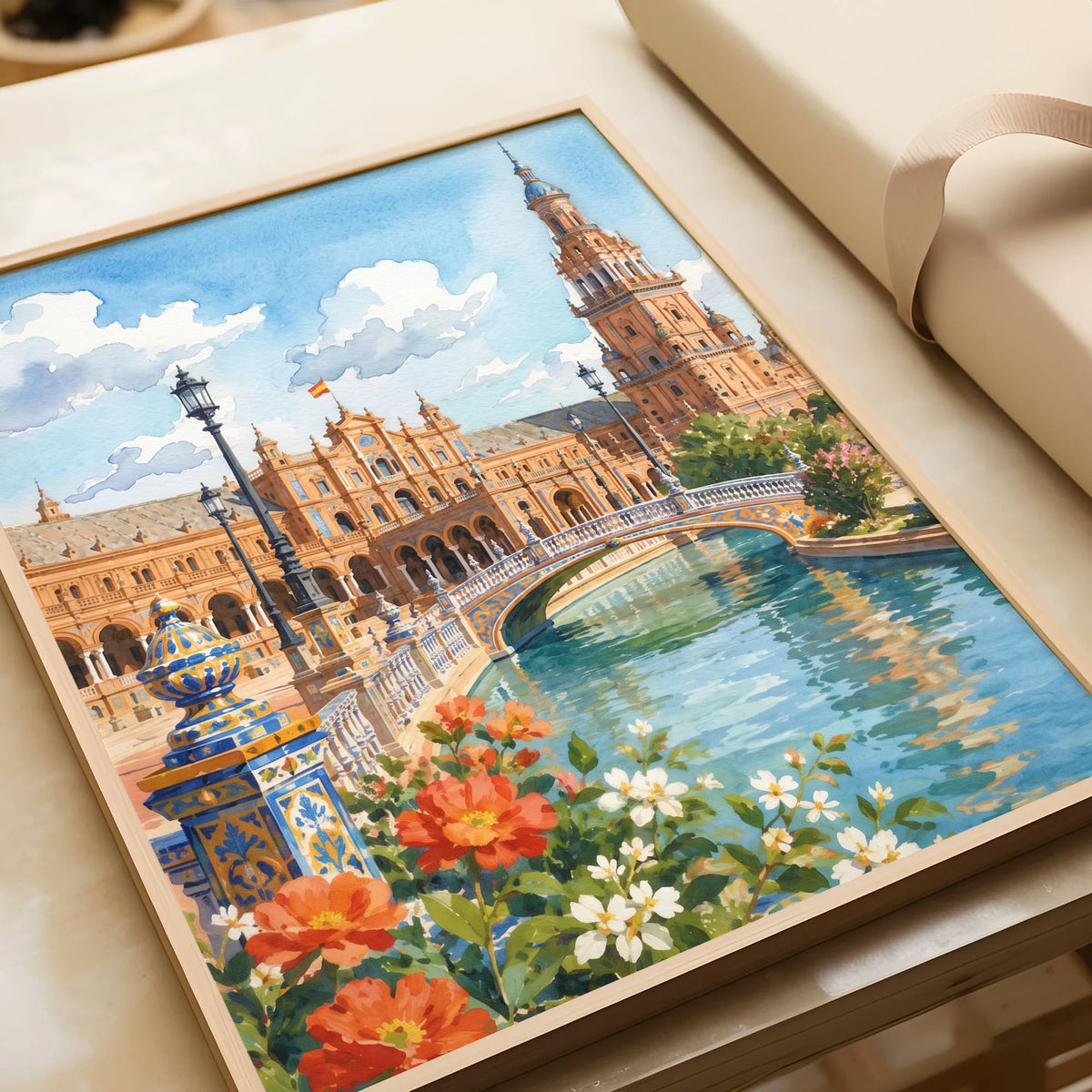 Seville Plaza de España watercolour art print in a natural wood frame, gift close-up