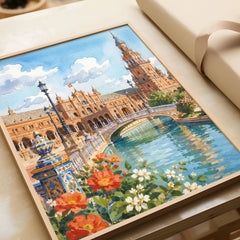 Seville Plaza de España watercolour art print in a natural wood frame, gift close-up