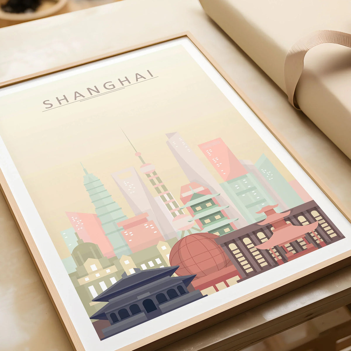 Shanghai city skyline art print in a natural wood frame, gift close-up