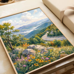 Shenandoah National Park Skyline Drive and Blue Ridge watercolour art print in a natural wood frame, gift close-up