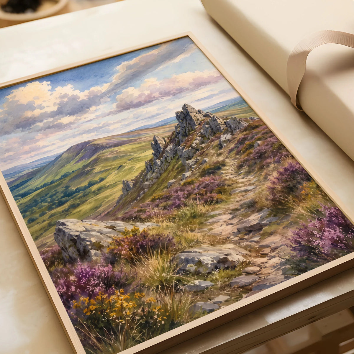 Shropshire Hills Stiperstones rocky ridge watercolour art print in a natural wood frame, gift close-up