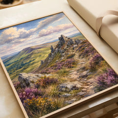 Shropshire Hills Stiperstones rocky ridge watercolour art print in a natural wood frame, gift close-up
