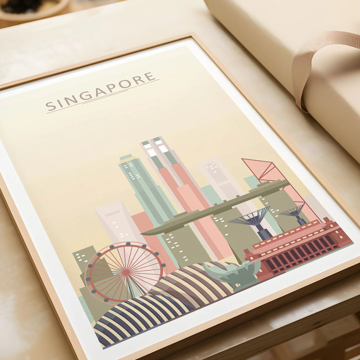 Singapore city skyline art print in a natural wood frame, gift close-up