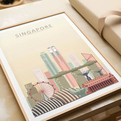 Singapore city skyline art print in a natural wood frame, gift close-up