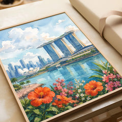Singapore Marina Bay Sands skyline watercolour art print in a natural wood frame, gift close-up