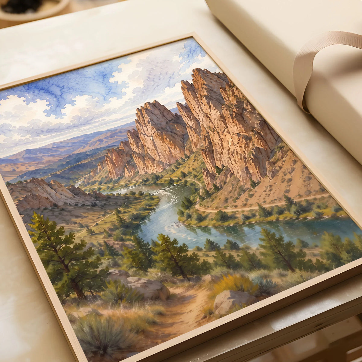 Smith Rock State Park Crooked River below the rock spires watercolour art print in a natural wood frame, gift close-up