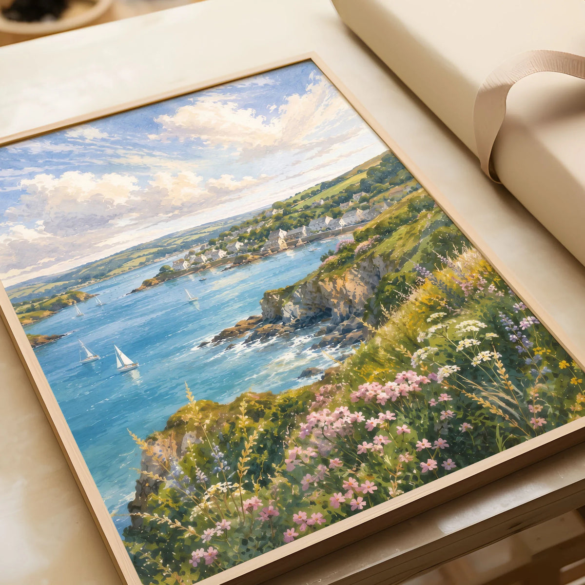 South Devon estuary village and sailing boats watercolour art print in a natural wood frame, gift close-up