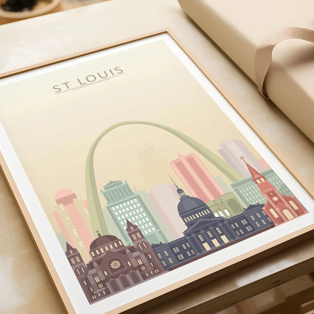 St Louis city skyline art print in a natural wood frame, gift close-up