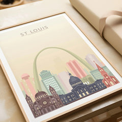 St Louis city skyline art print in a natural wood frame, gift close-up