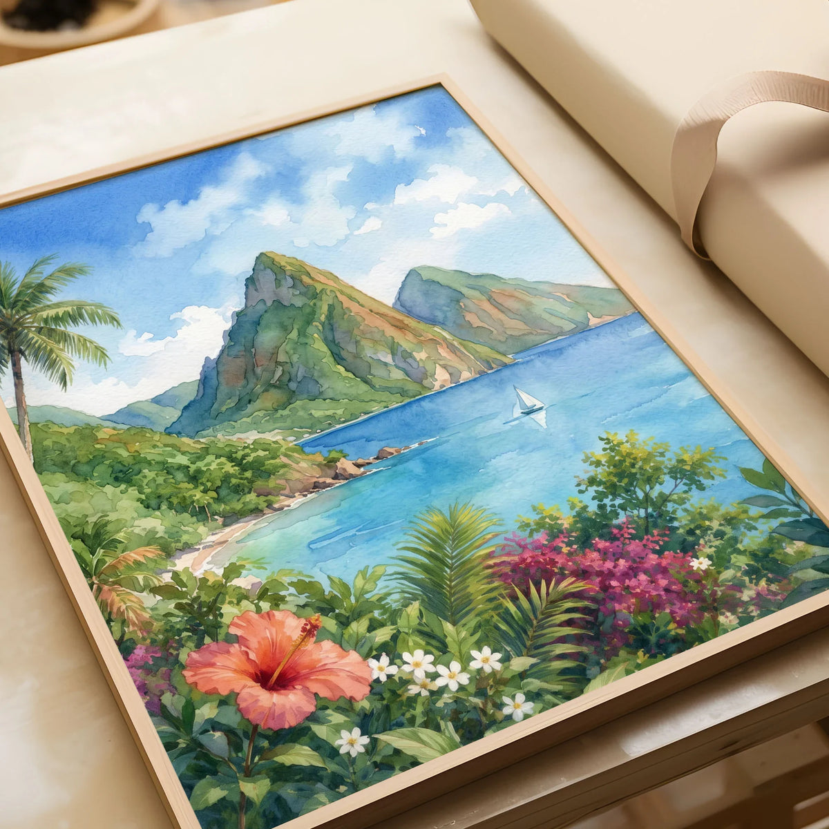 St Lucia the Pitons and bay watercolour art print in a natural wood frame, gift close-up