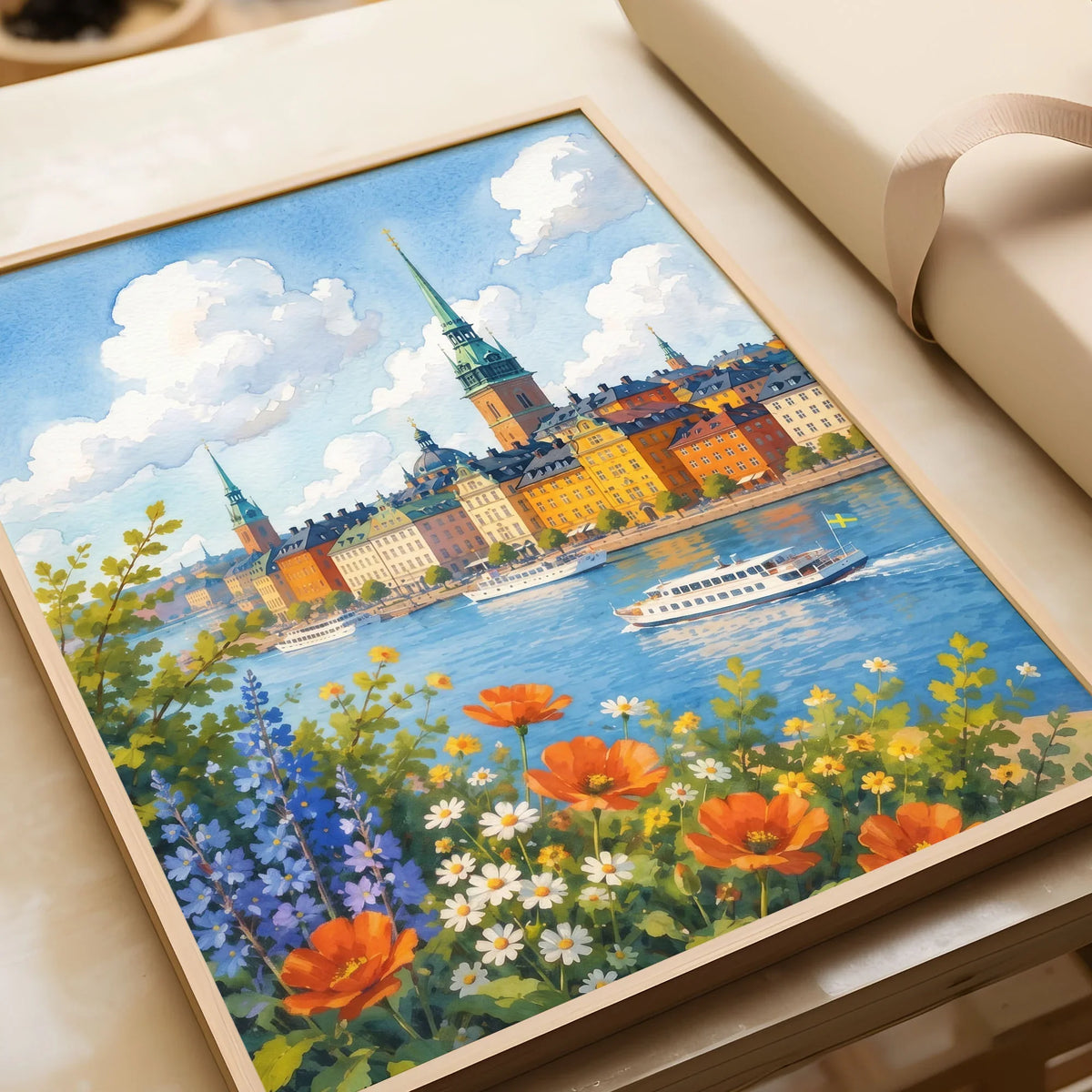 Stockholm Gamla Stan waterfront watercolour art print in a natural wood frame, gift close-up
