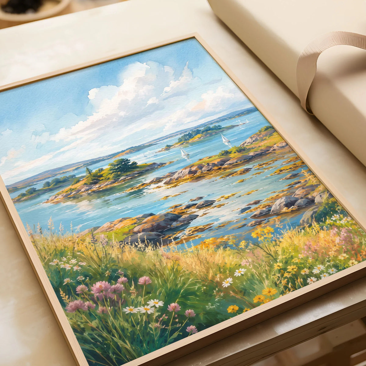 Strangford Lough islands and sailing boats watercolour art print in a natural wood frame, gift close-up