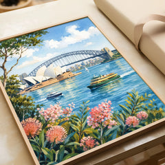 Sydney Opera House and Harbour Bridge watercolour art print in a natural wood frame, gift close-up