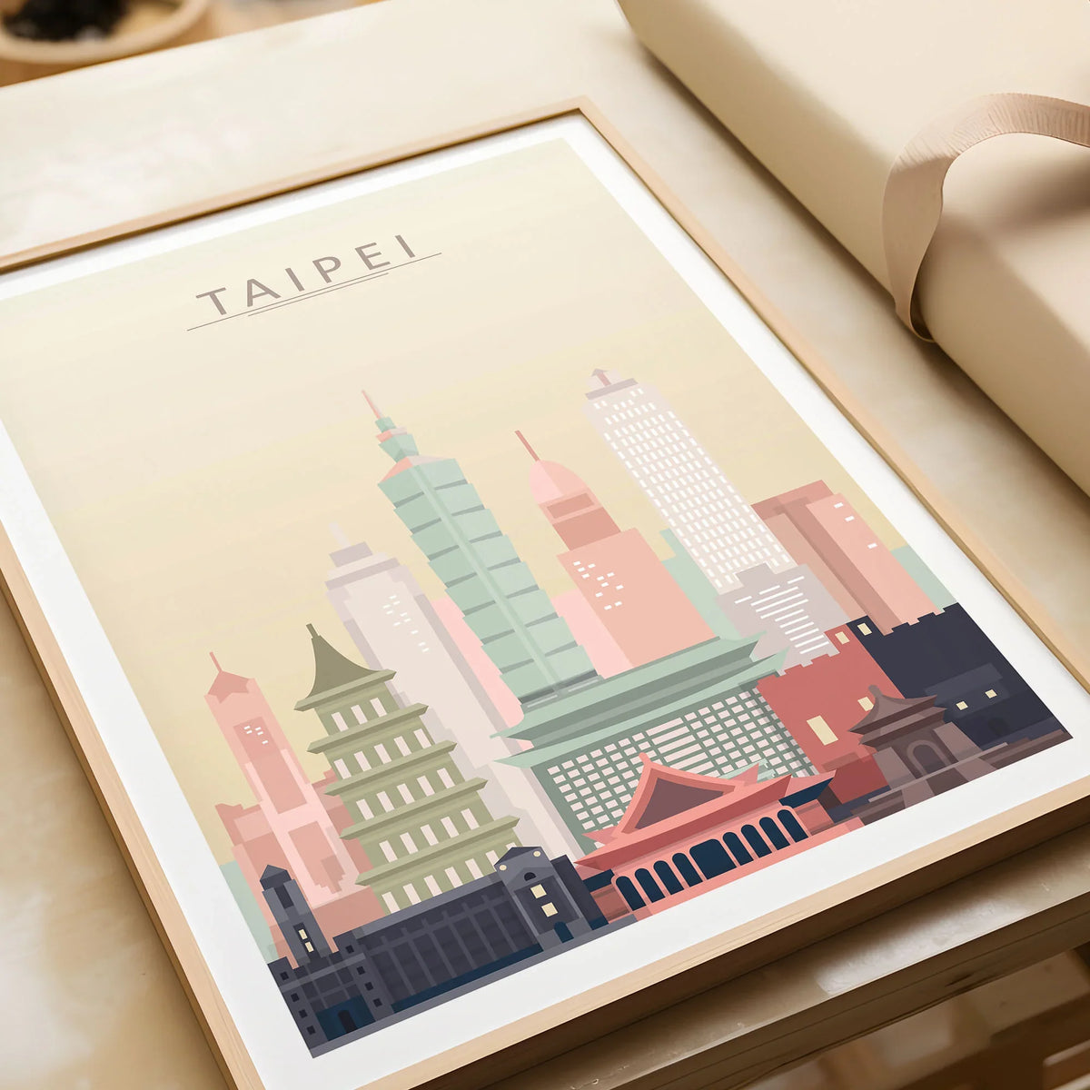 Taipei city skyline art print in a natural wood frame, gift close-up