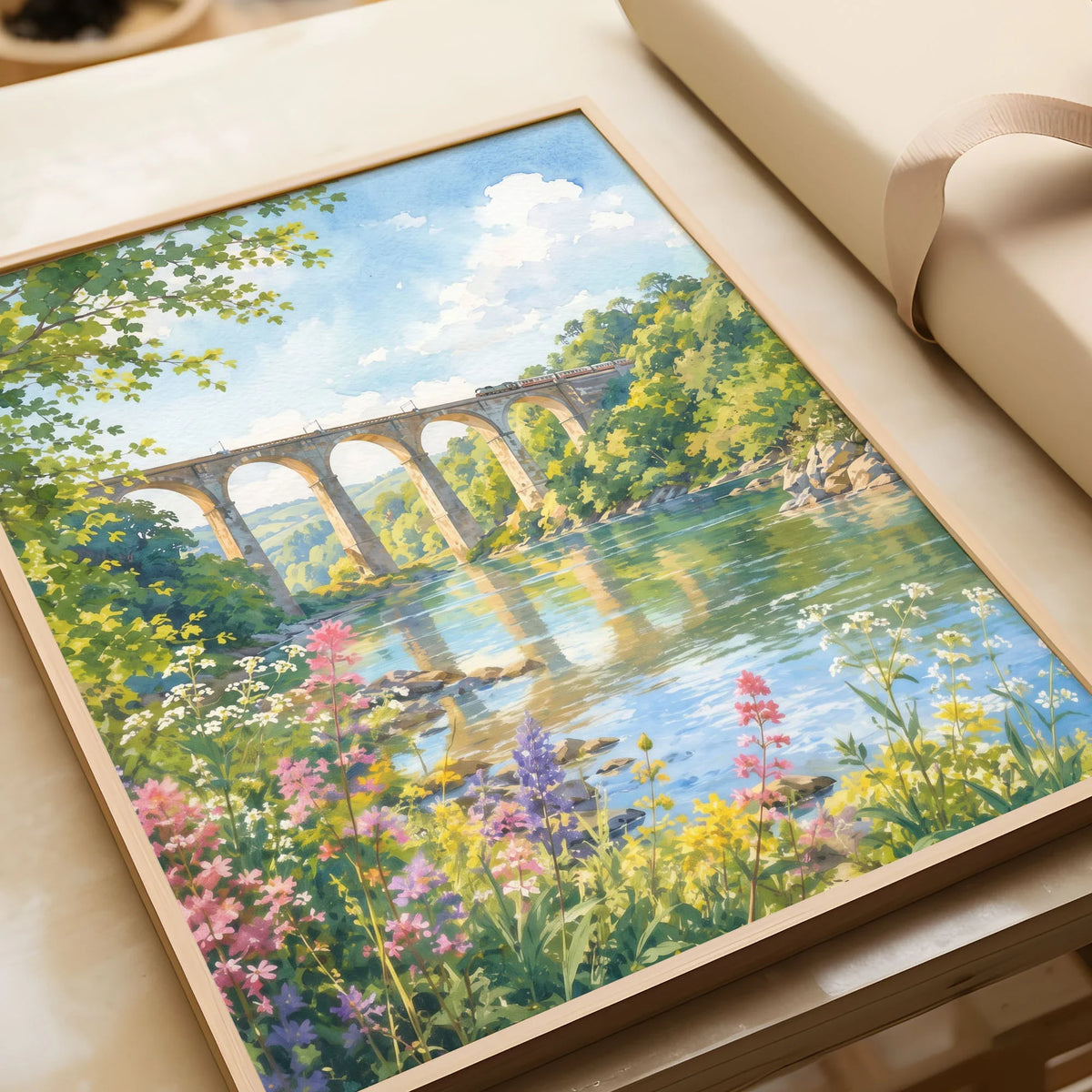 Tamar Valley Calstock Viaduct over the river watercolour art print in a natural wood frame, gift close-up