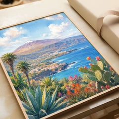 Tenerife Mount Teide and coast watercolour art print in a natural wood frame, gift close-up
