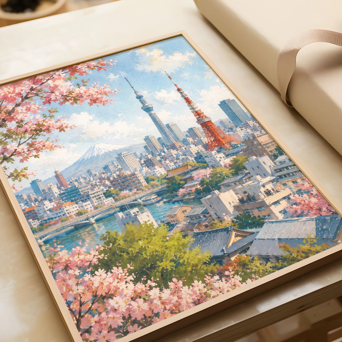Tokyo Tokyo Tower, Skytree and Mount Fuji watercolour art print in a natural wood frame, gift close-up