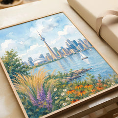 Toronto CN Tower skyline over Lake Ontario watercolour art print in a natural wood frame, gift close-up