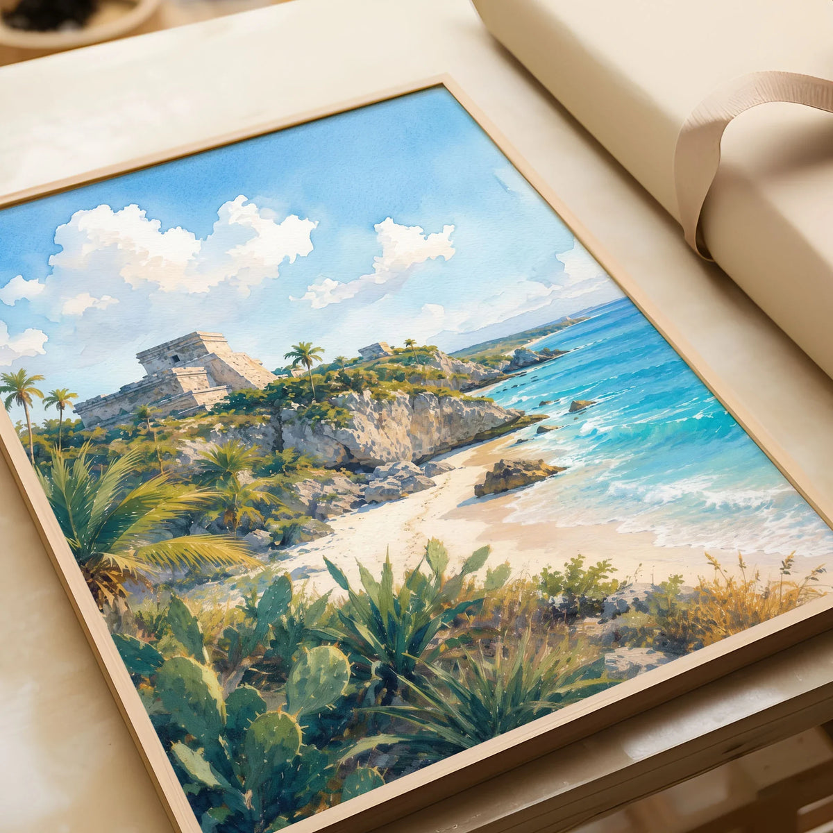 Tulum Mayan ruins above the beach watercolour art print in a natural wood frame, gift close-up