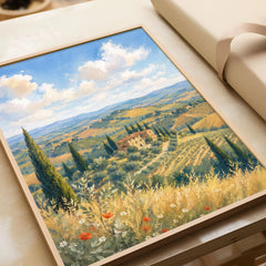 Tuscany rolling hills and cypress trees watercolour art print in a natural wood frame, gift close-up