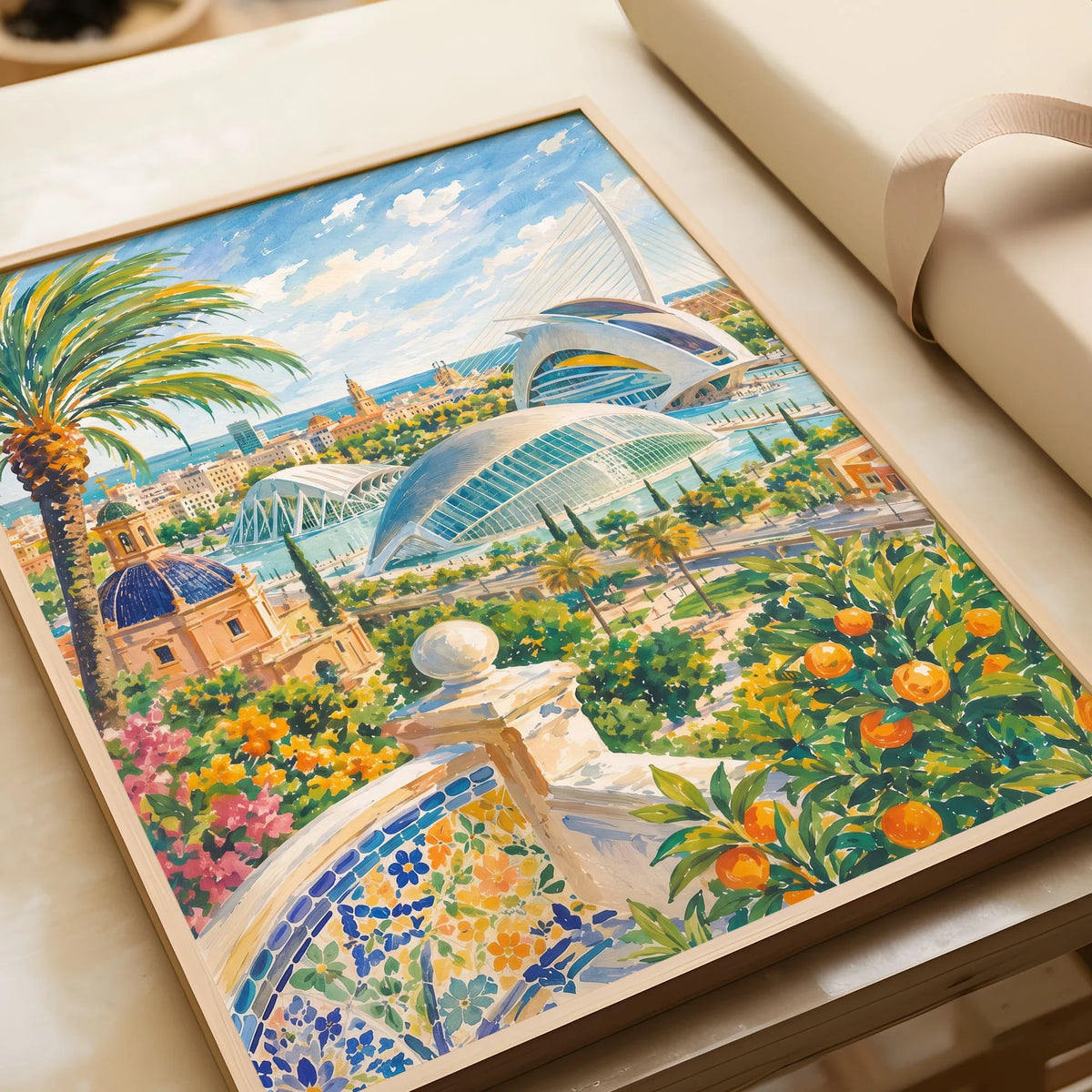 Valencia City of Arts and Sciences watercolour art print in a natural wood frame, gift close-up