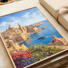 Valletta Grand Harbour and domes watercolour art print in a natural wood frame, gift close-up