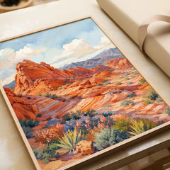 Valley of Fire State Park red sandstone waves watercolour art print in a natural wood frame, gift close-up