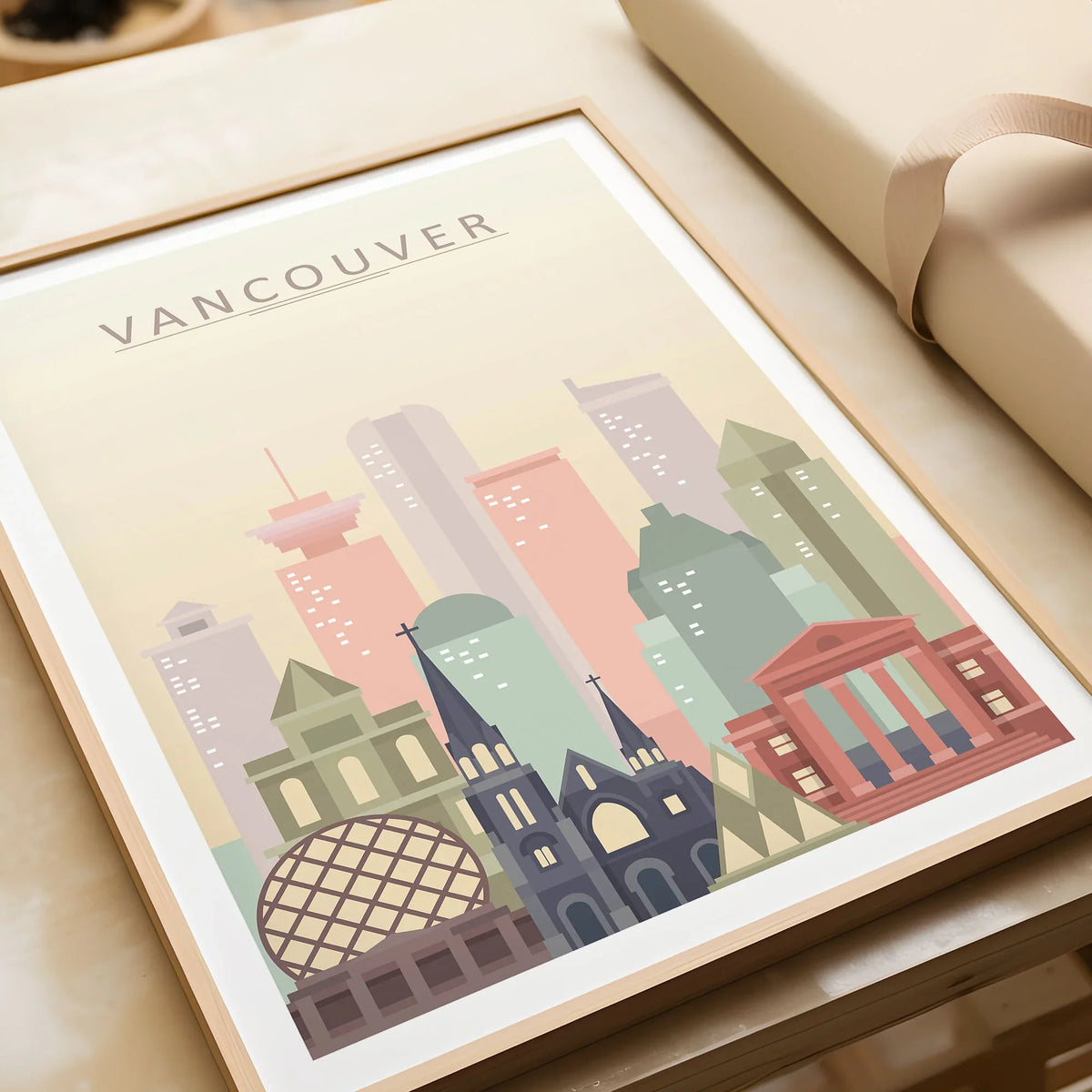 Vancouver city skyline art print in a natural wood frame, gift close-up