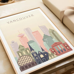 Vancouver city skyline art print in a natural wood frame, gift close-up