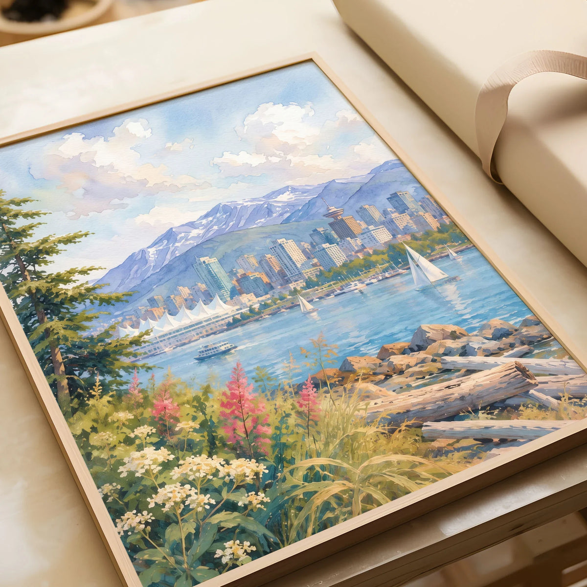 Vancouver harbour and North Shore mountains watercolour art print in a natural wood frame, gift close-up