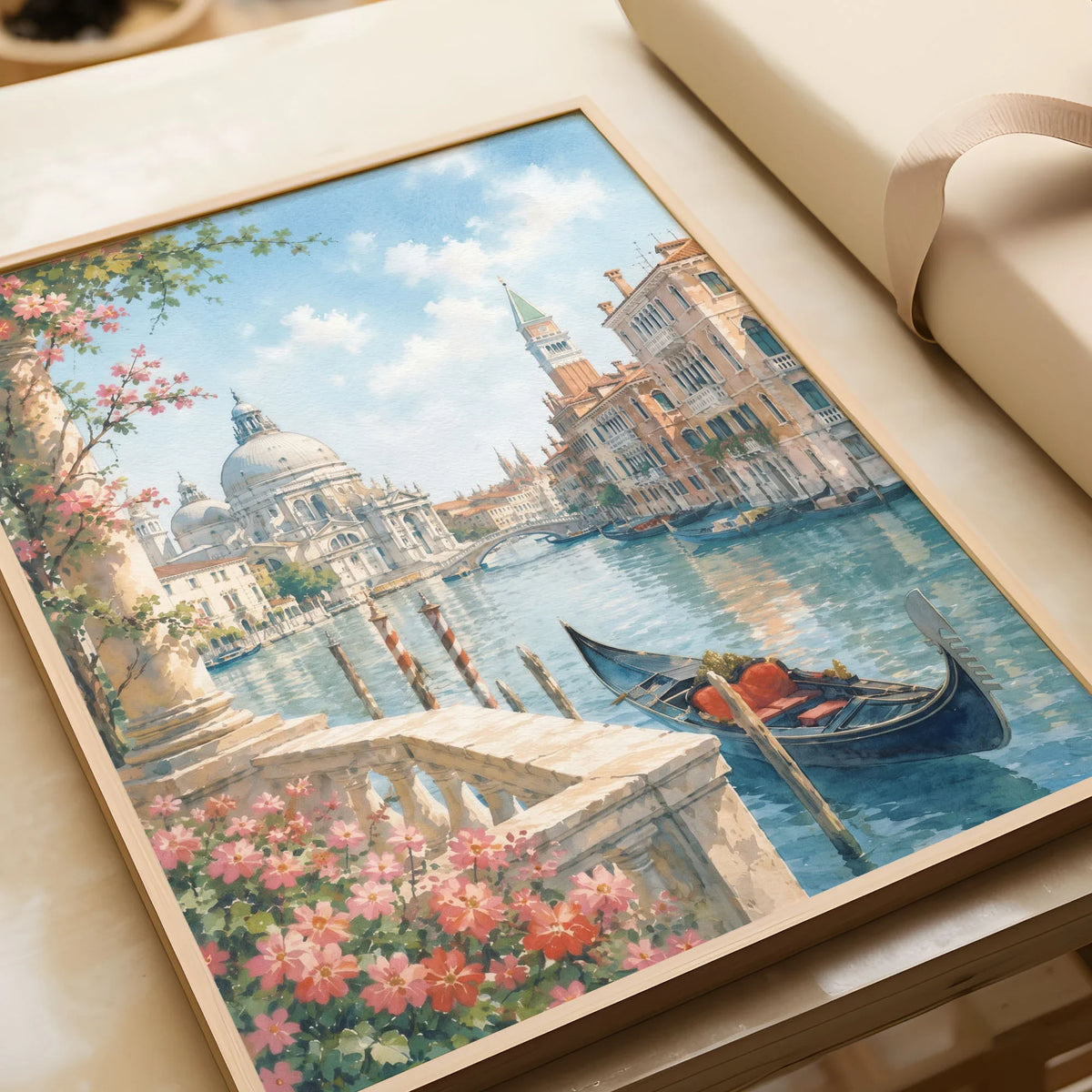 Venice Grand Canal, Salute dome and gondola watercolour art print in a natural wood frame, gift close-up