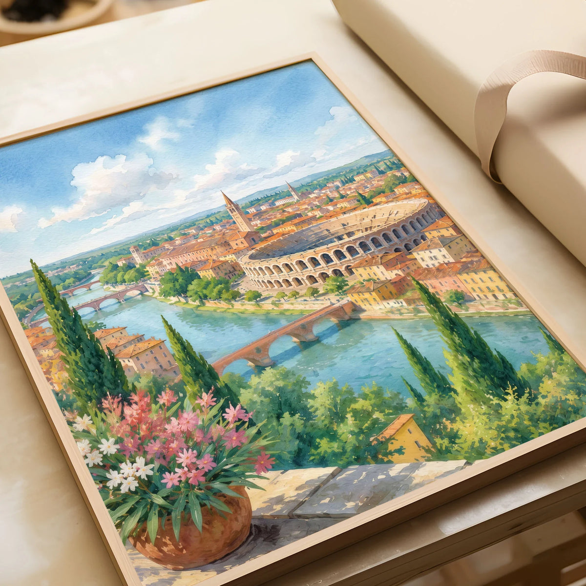 Verona Arena and Adige river watercolour art print in a natural wood frame, gift close-up