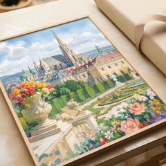 Vienna St Stephen's Cathedral and palace gardens watercolour art print in a natural wood frame, gift close-up