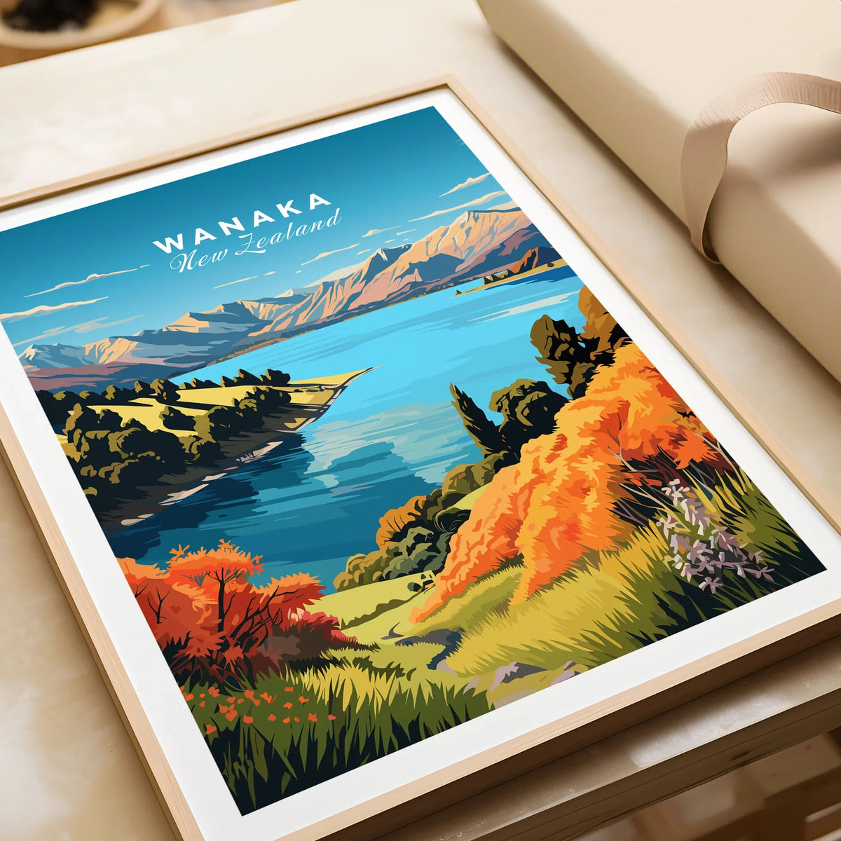 Wanaka Travel Print - framed art print gift close-up in natural wood frame
