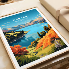 Wanaka Travel Print - framed art print gift close-up in natural wood frame