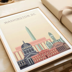 Washington DC city skyline art print in a natural wood frame, gift close-up