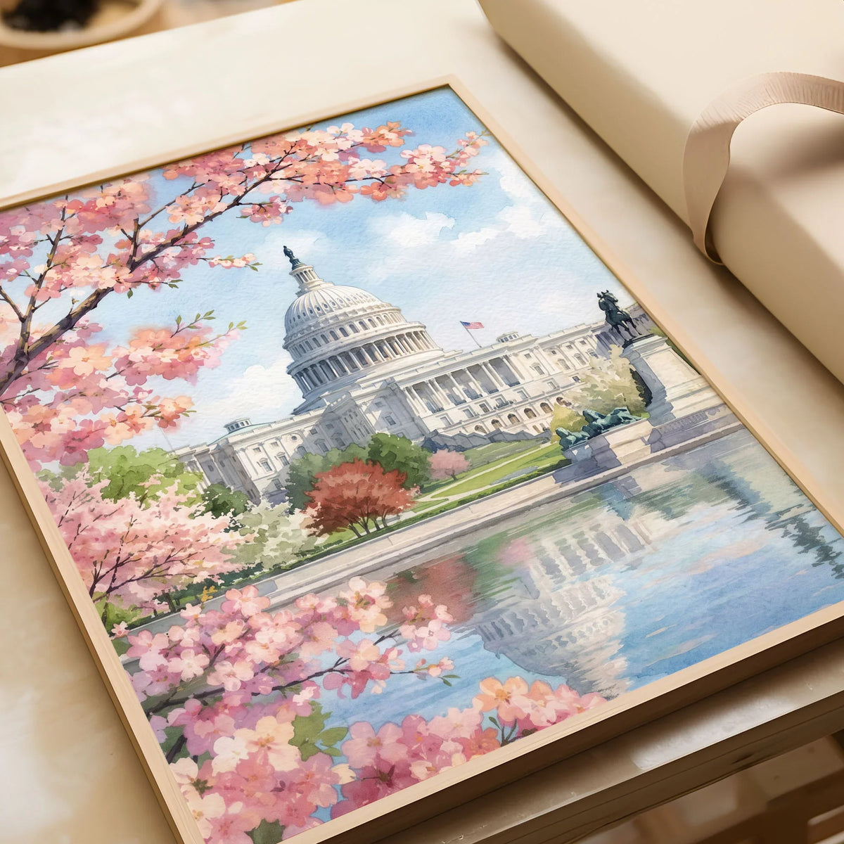 Washington DC US Capitol and cherry blossom watercolour art print in a natural wood frame, gift close-up