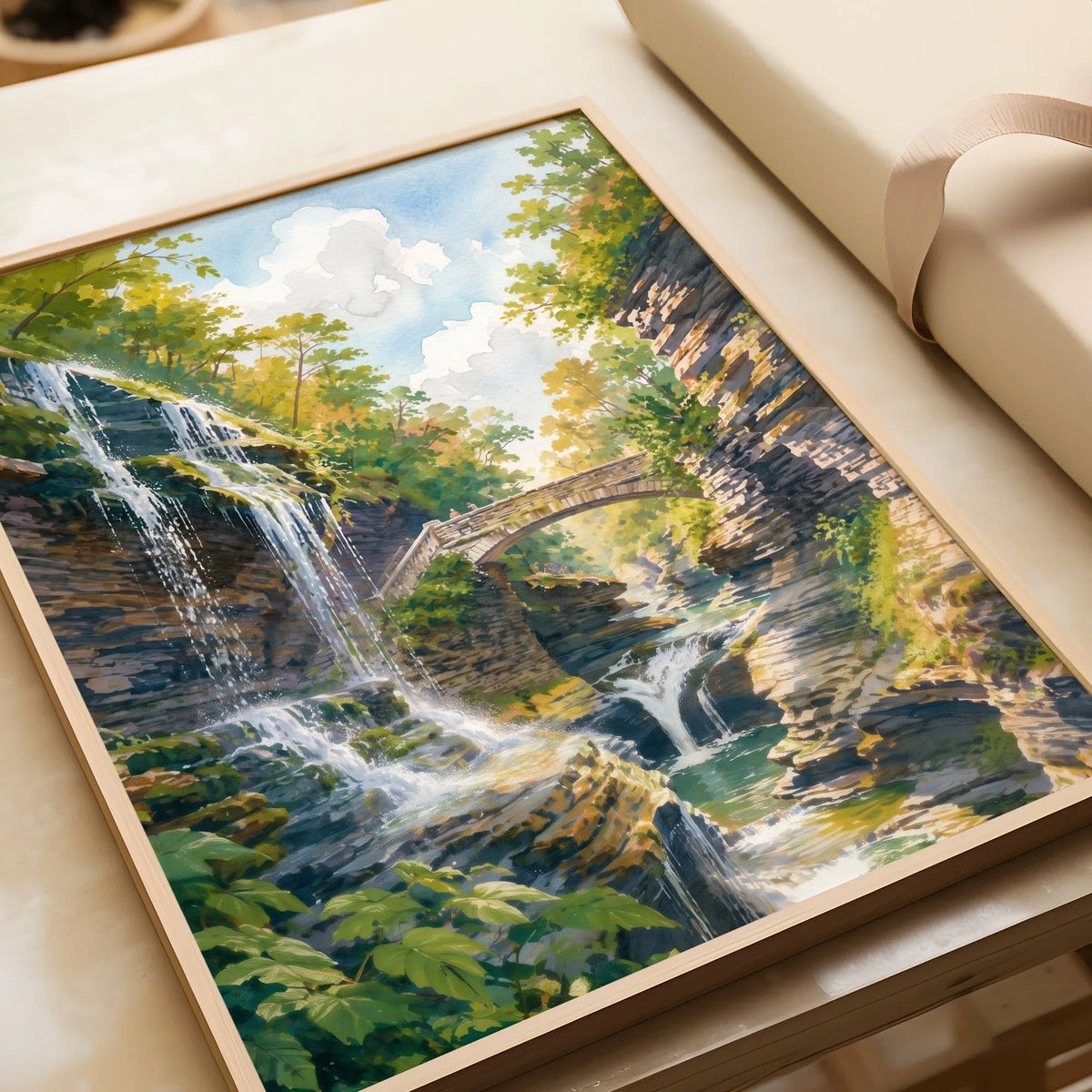 Watkins Glen State Park gorge waterfalls and stone bridge watercolour art print in a natural wood frame, gift close-up
