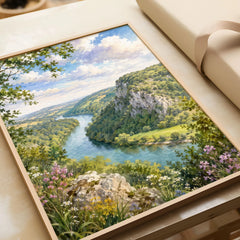 Wye Valley river and limestone cliffs watercolour art print in a natural wood frame, gift close-up