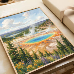 Yellowstone National Park Grand Prismatic Spring watercolour art print in a natural wood frame, gift close-up