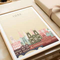 York city skyline art print in a natural wood frame, gift close-up
