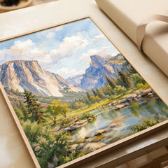 Yosemite National Park El Capitan and Half Dome watercolour art print in a natural wood frame, gift close-up