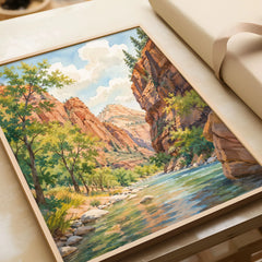 Zion National Park Virgin River canyon watercolour art print in a natural wood frame, gift close-up