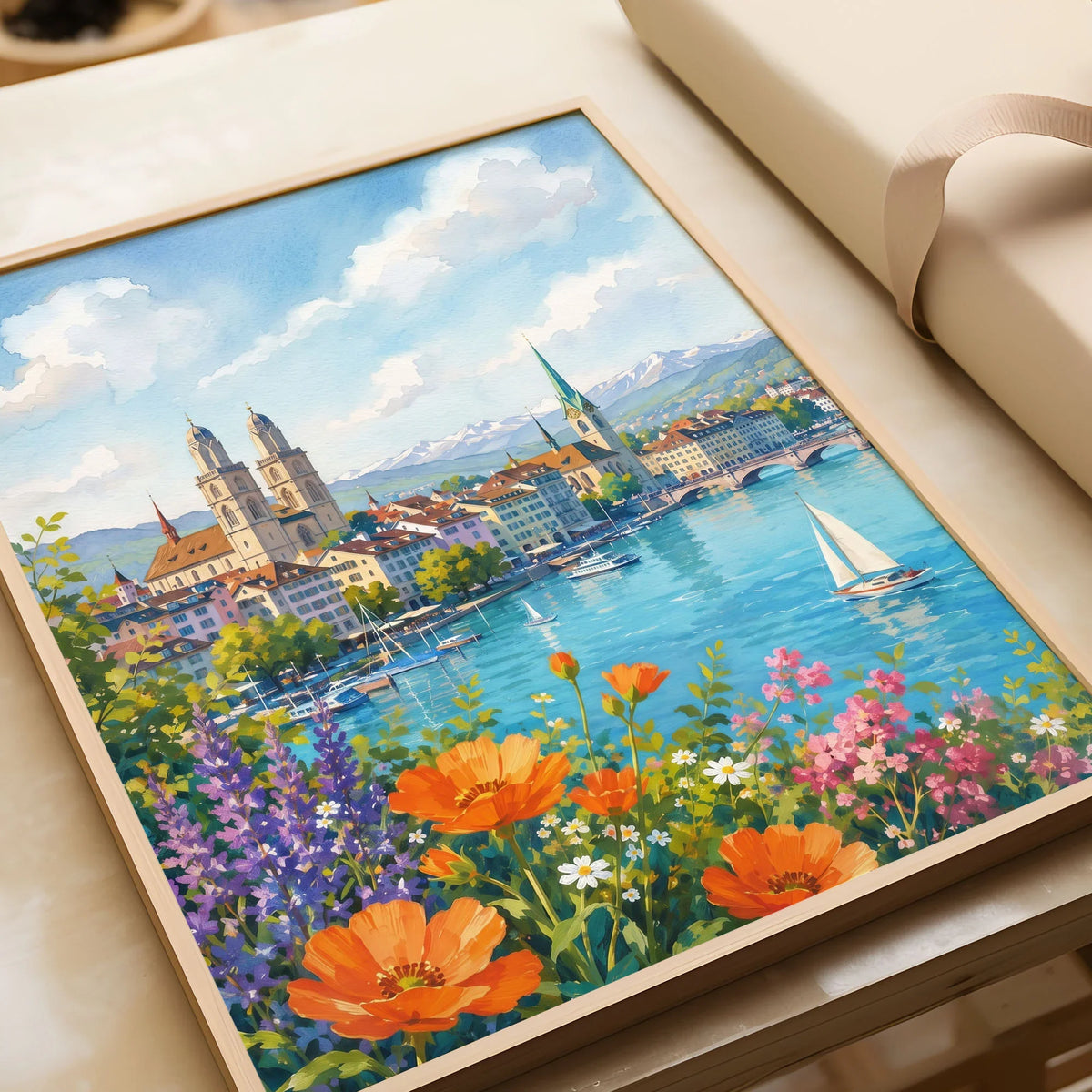 Zurich Grossmünster and the Limmat watercolour art print in a natural wood frame, gift close-up